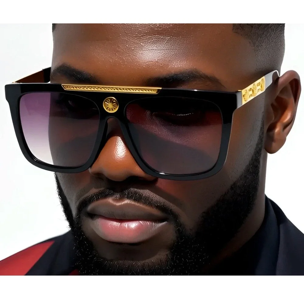 Flat Top Sunglasses‎ Men's Fashion Square Frame Gold Accent Black Lens Hip Hop